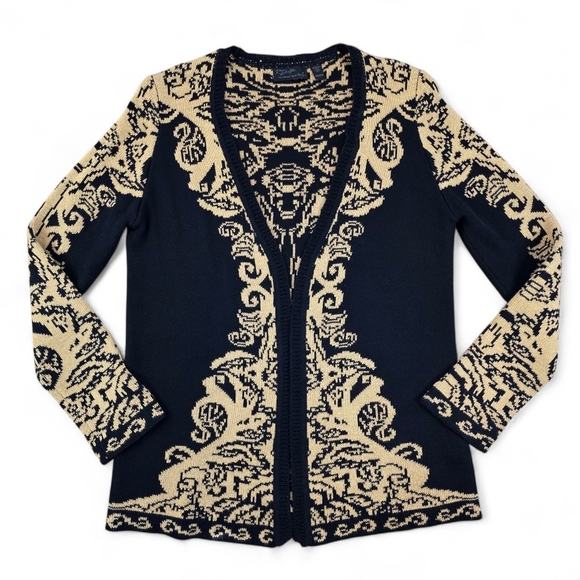 RD Style Sweaters - Baroque Jacquard Open Front Knit Cardigan Sweater Black Gold Metallic Women M